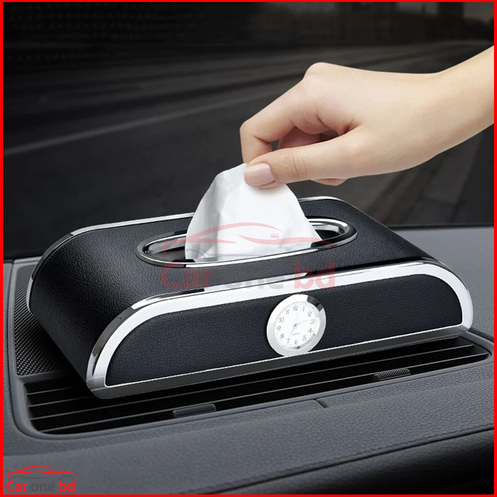 Car Tissue Box Holder with Clock & Number Plate – Stylish & Functional Sleek Car Interior Organizer