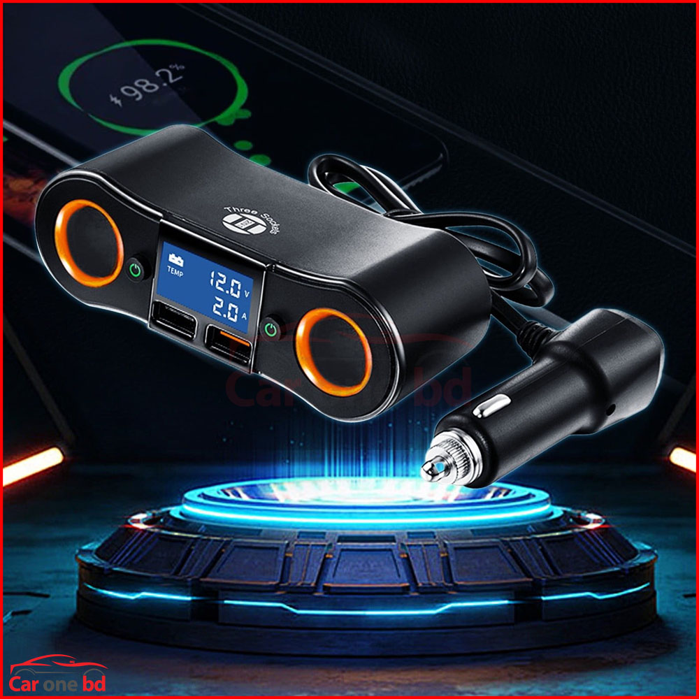 Car Charger with 2 USB Ports & 2 Sockets – Fast Charging Adapter with Digital Display